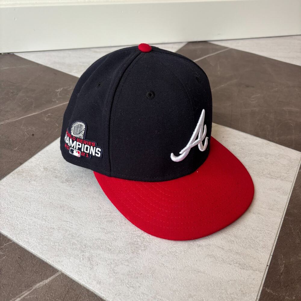 New Era 59FIFTY Braves 2021 World Series Champions Hat 7 3/8 Navy Red Fitted